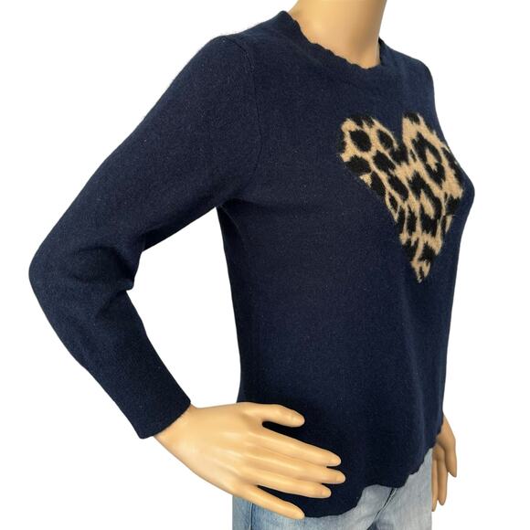 J. Crew Everyday Pure Cashmere Crewneck Sweater with Leopard Heart Blue Size S - Picture 3 of 12